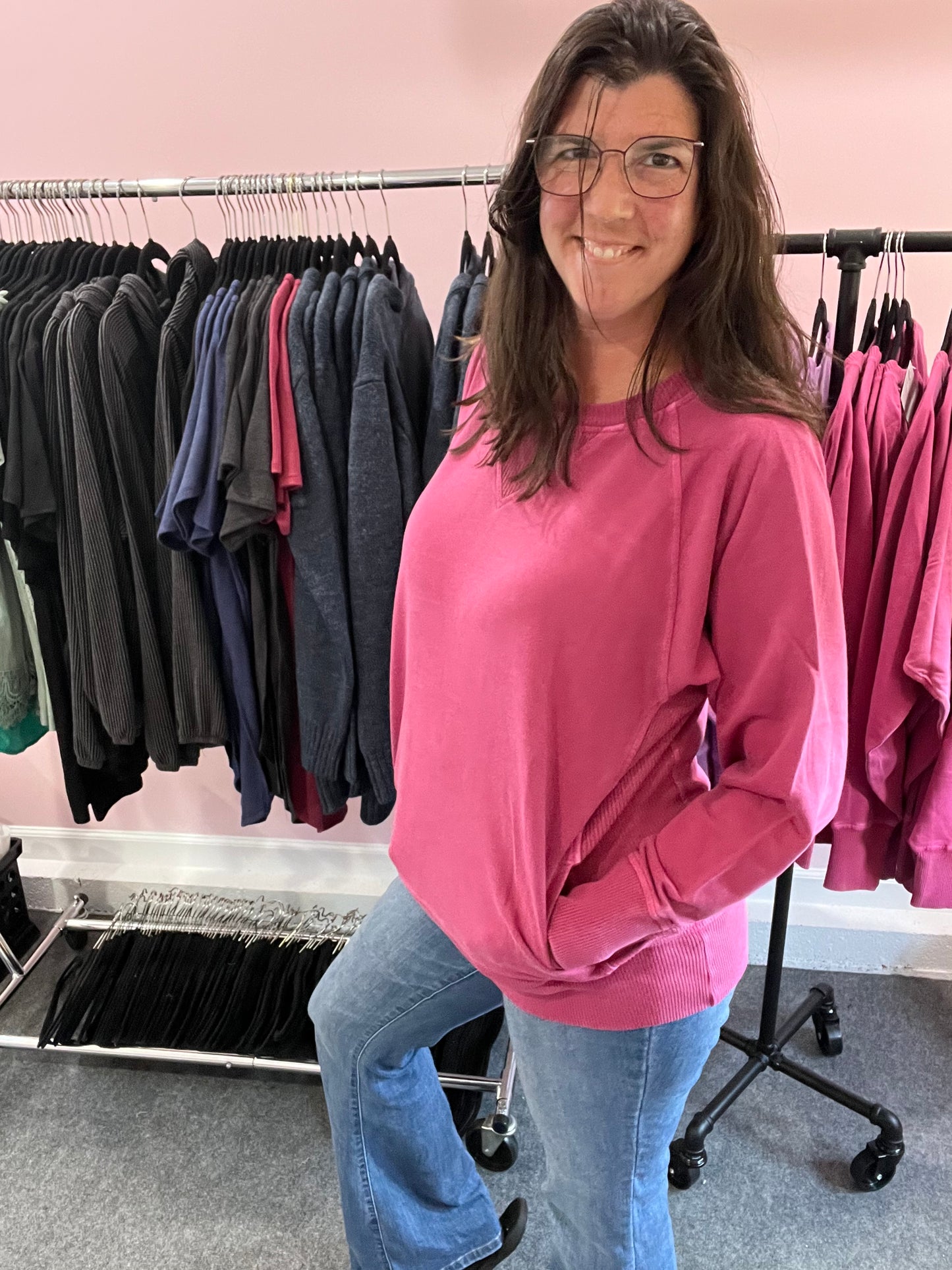 Zenana French Terry Sweatshirt in Wine Color with POCKETS