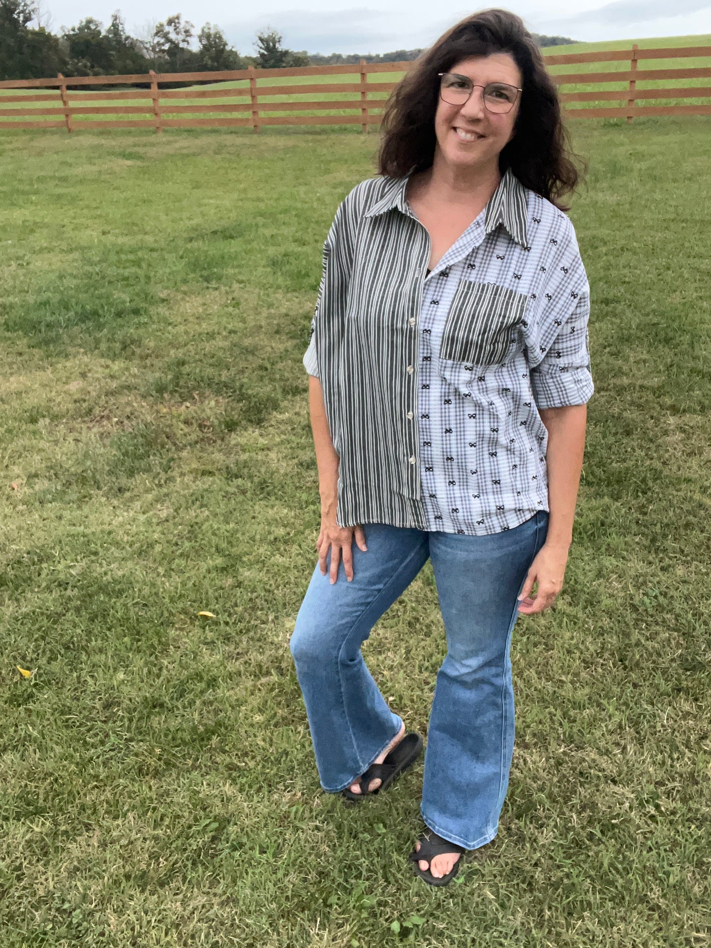 Cotton Blend Button Front Top - Mix of Bows, Lace, & Stripes