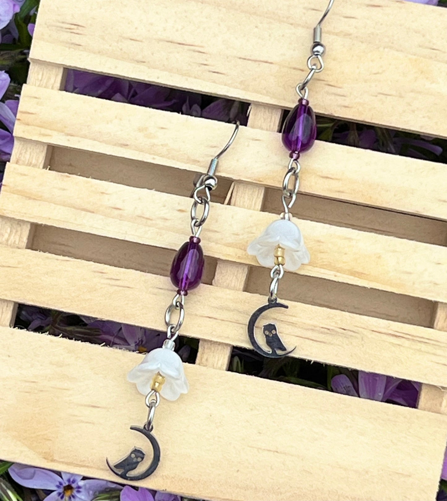 Handmade Earrings White Flowers & Owls