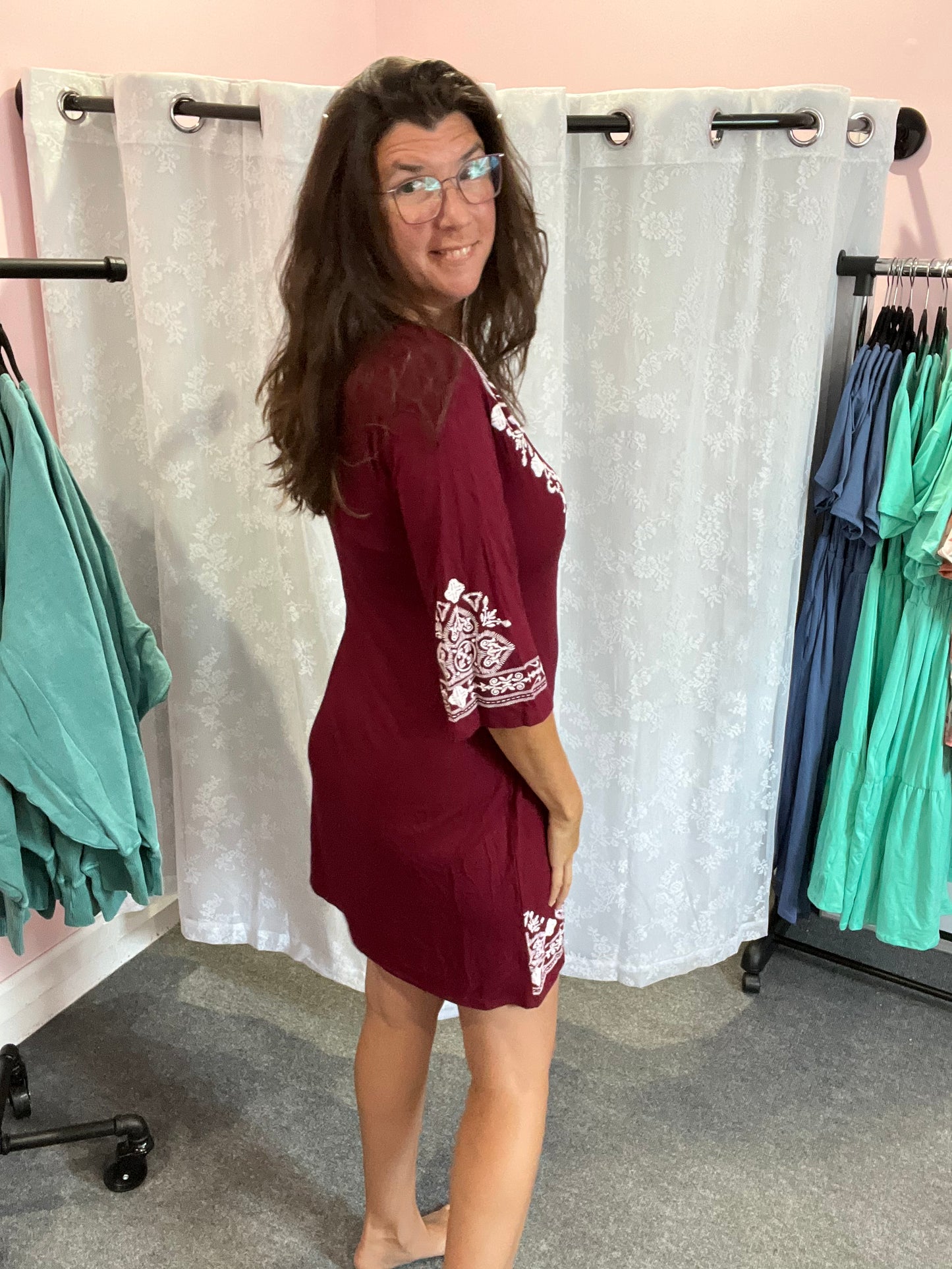 Burgundy Damask 3/4 Sleeve Dress w/ POCKETS In Stock