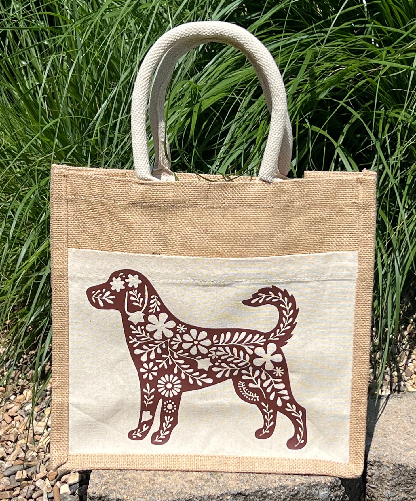 Floral Dog Lovers Jute & Canvas Tote