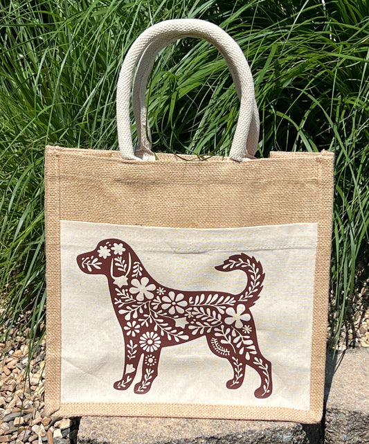 Floral Dog Lovers Jute & Canvas Tote