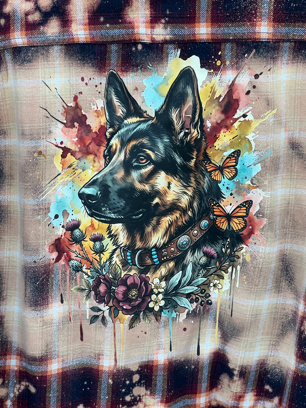 Artsy German Shepherd Dog Upcycled Bleach Art Flannel - Men’s XL Unisex
