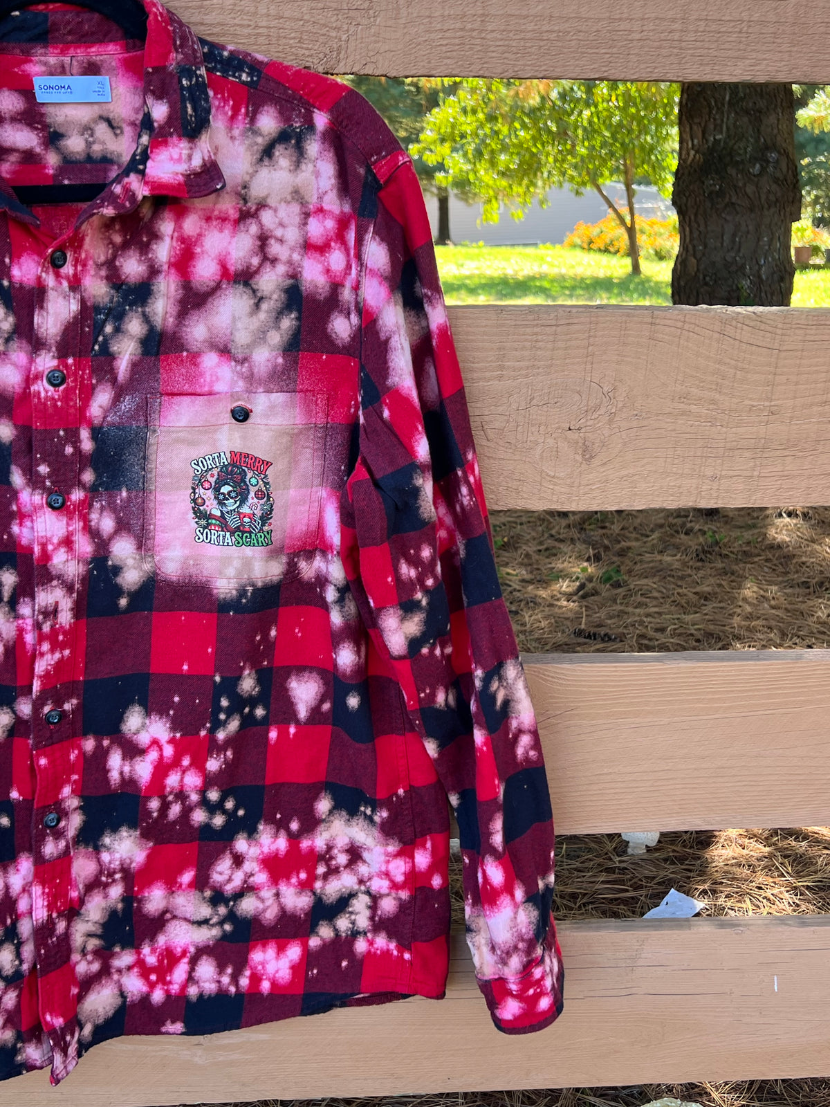 Sorta Merry Sorta Scary Upcycled Bleach Art Flannel - Mens XL TALL Unisex