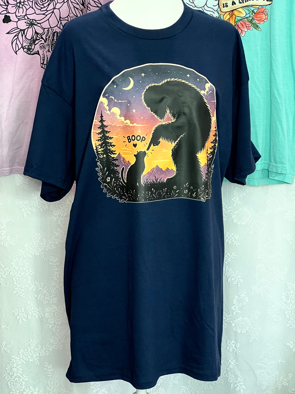Sasquatch & Kitty Cat Boop Handmade T-Shirt  - XL Navy