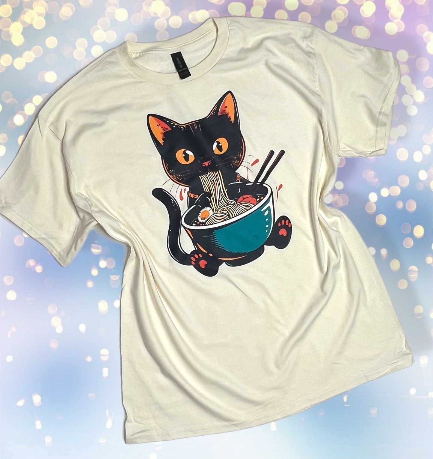 Cute Noodle Eating Cat Custom Tee - Large
