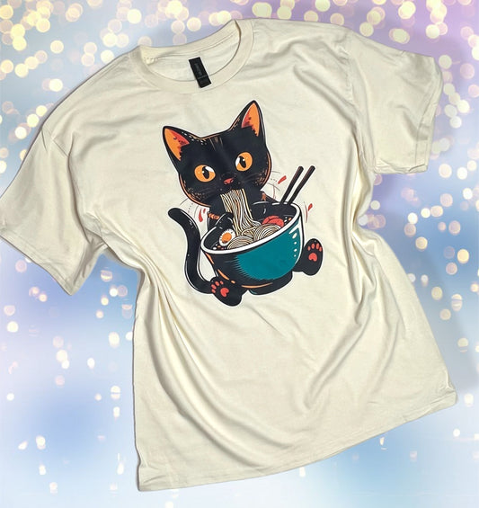 Cute Noodle Eating Cat Custom Tee - Large