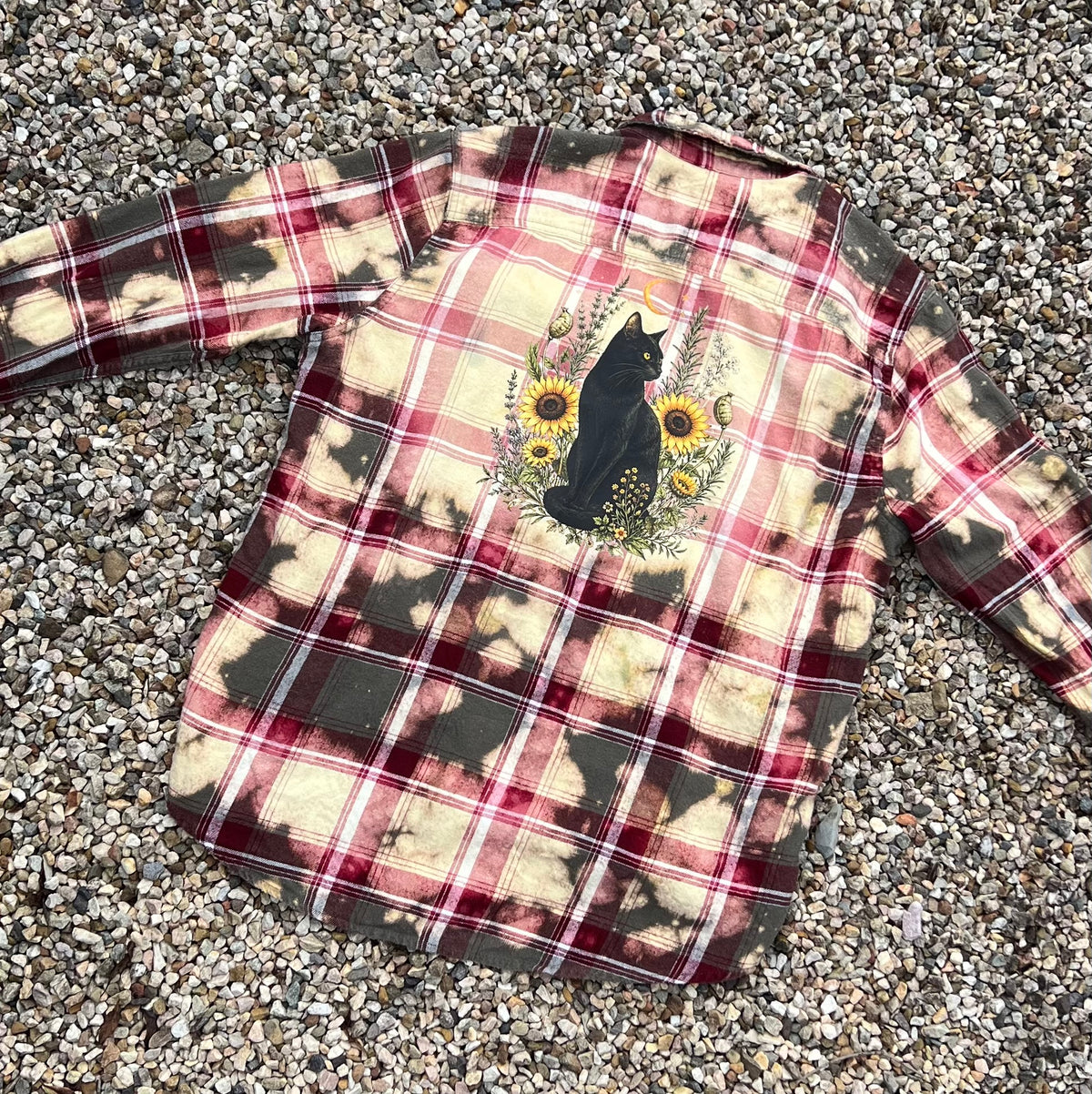 Upcycled Flannel -  Black Cat & Wildflowers Bleach Art
