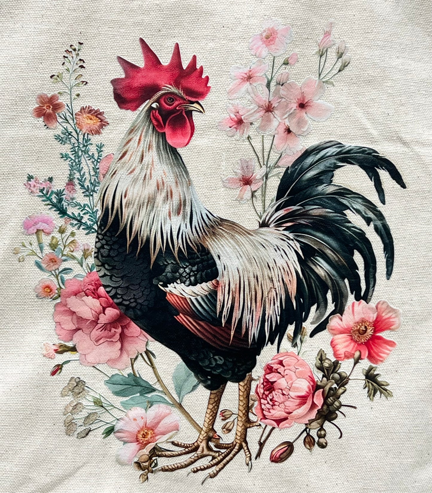 Chicken Lovers Rooster Floral Canvas Tote