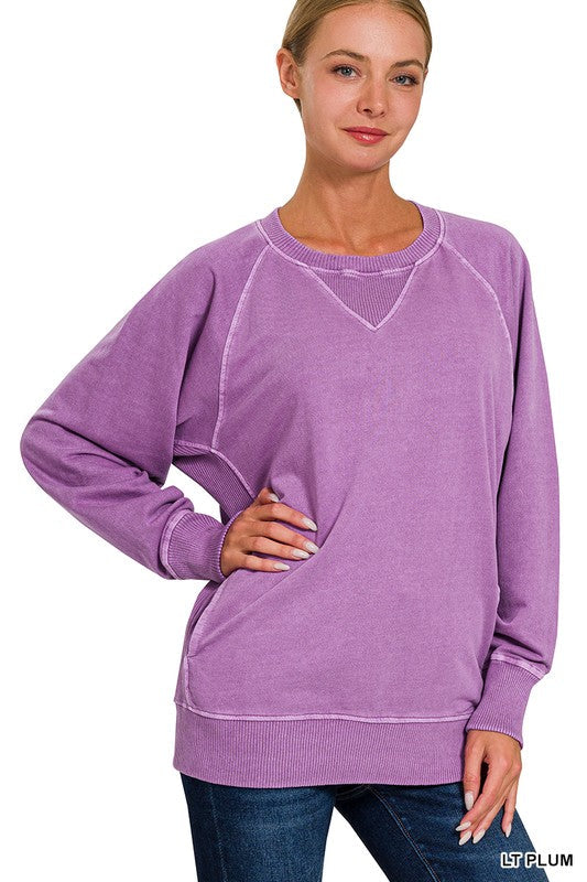 Zenana French Terry Light Plum Pigment Dyed Sweatshirt w/ POCKETS