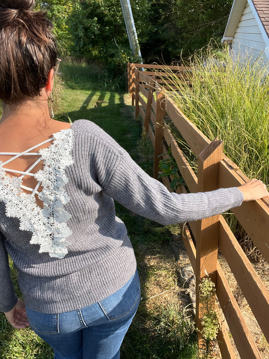 Crisscross Lace V-Neck Long Sleeve Sweater