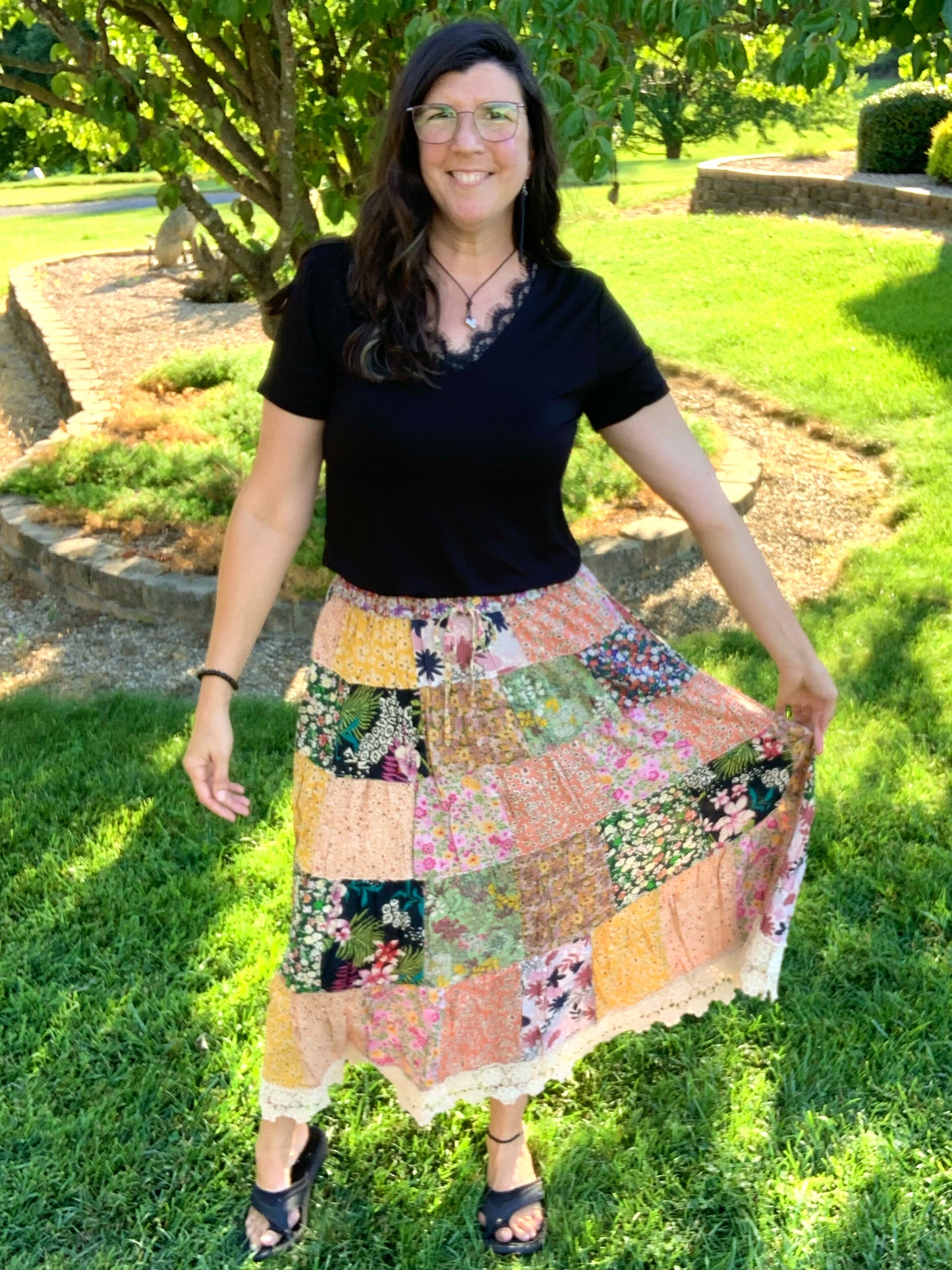 Patchwork Tiered Lace Trimmed Skirt w/ POCKETS