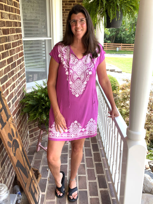 Damask Orchid & White Dress w/ POCKETS