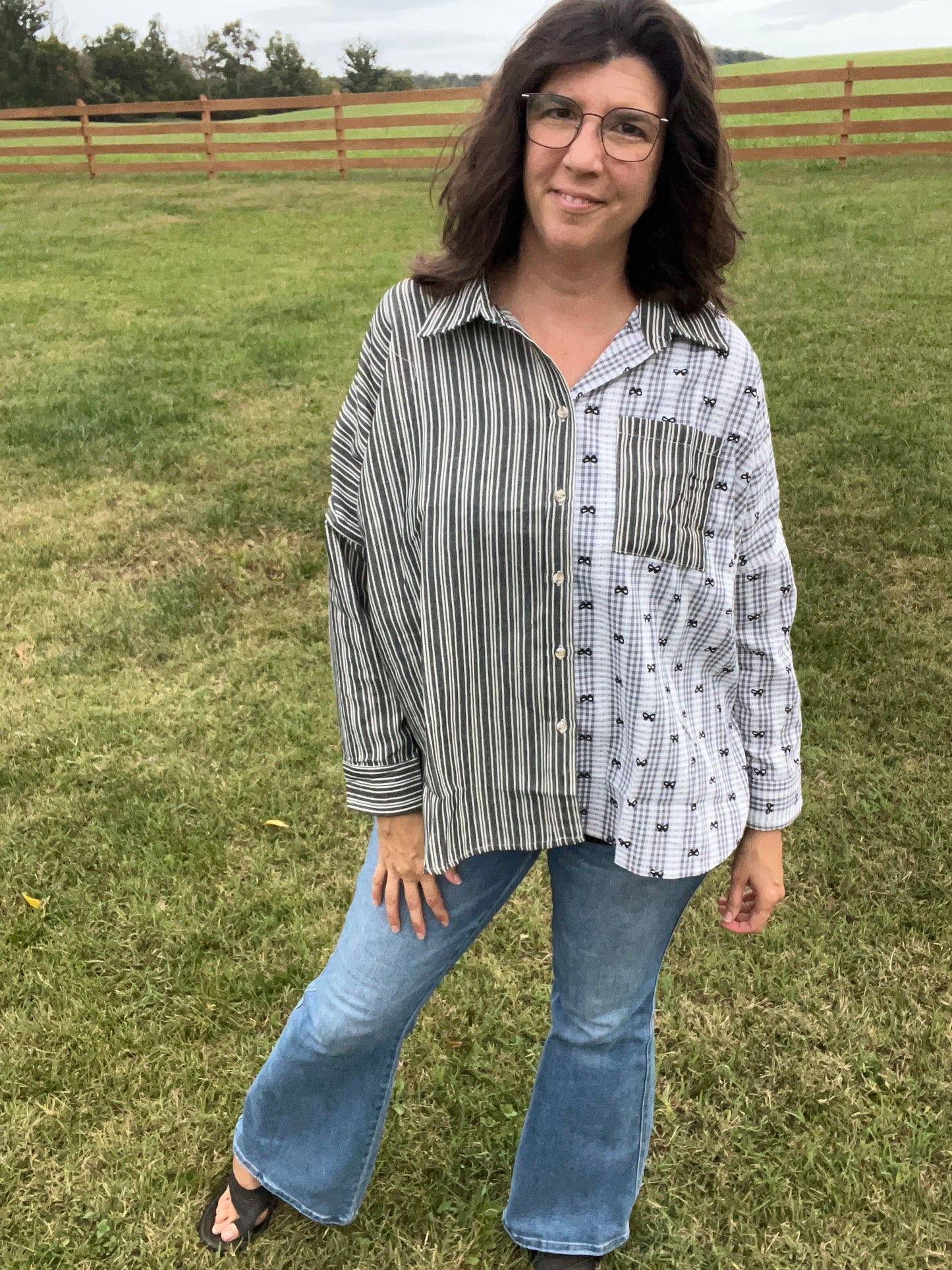 Cotton Blend Button Front Top - Mix of Bows, Lace, & Stripes