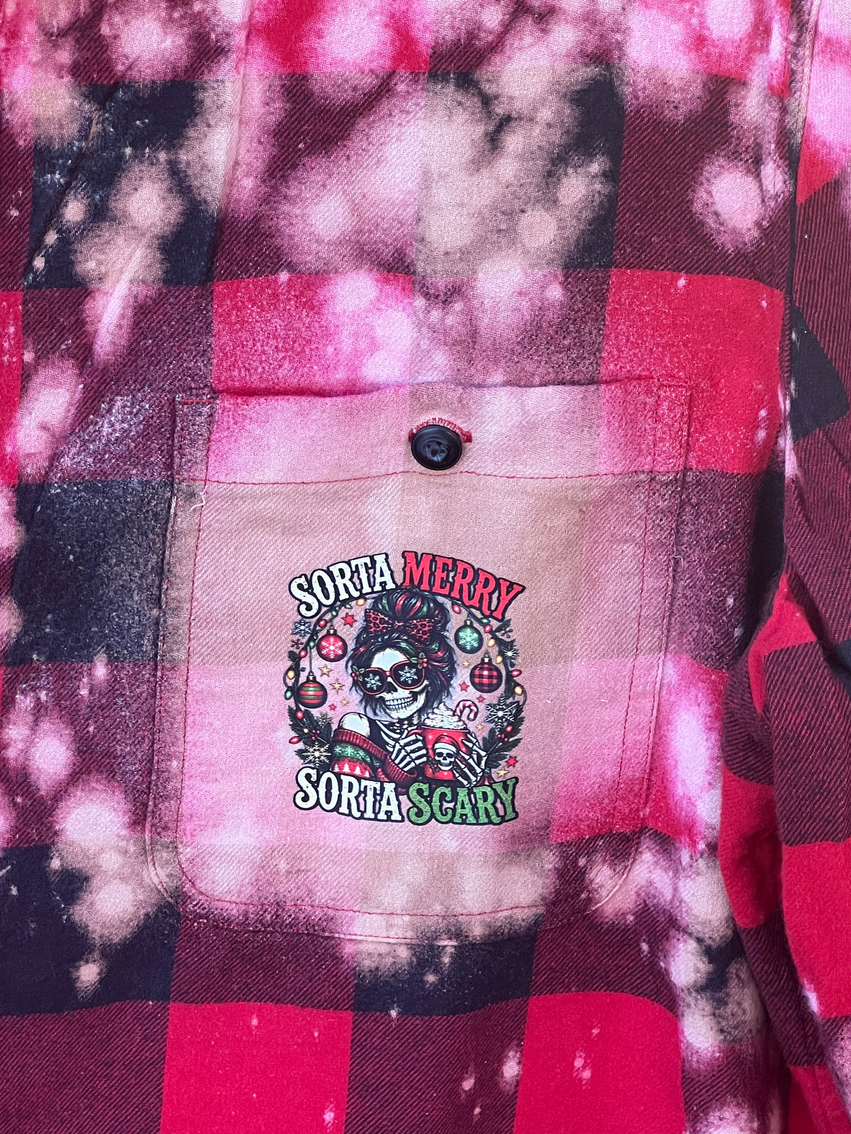 Sorta Merry Sorta Scary Upcycled Bleach Art Flannel - Mens XL TALL Unisex