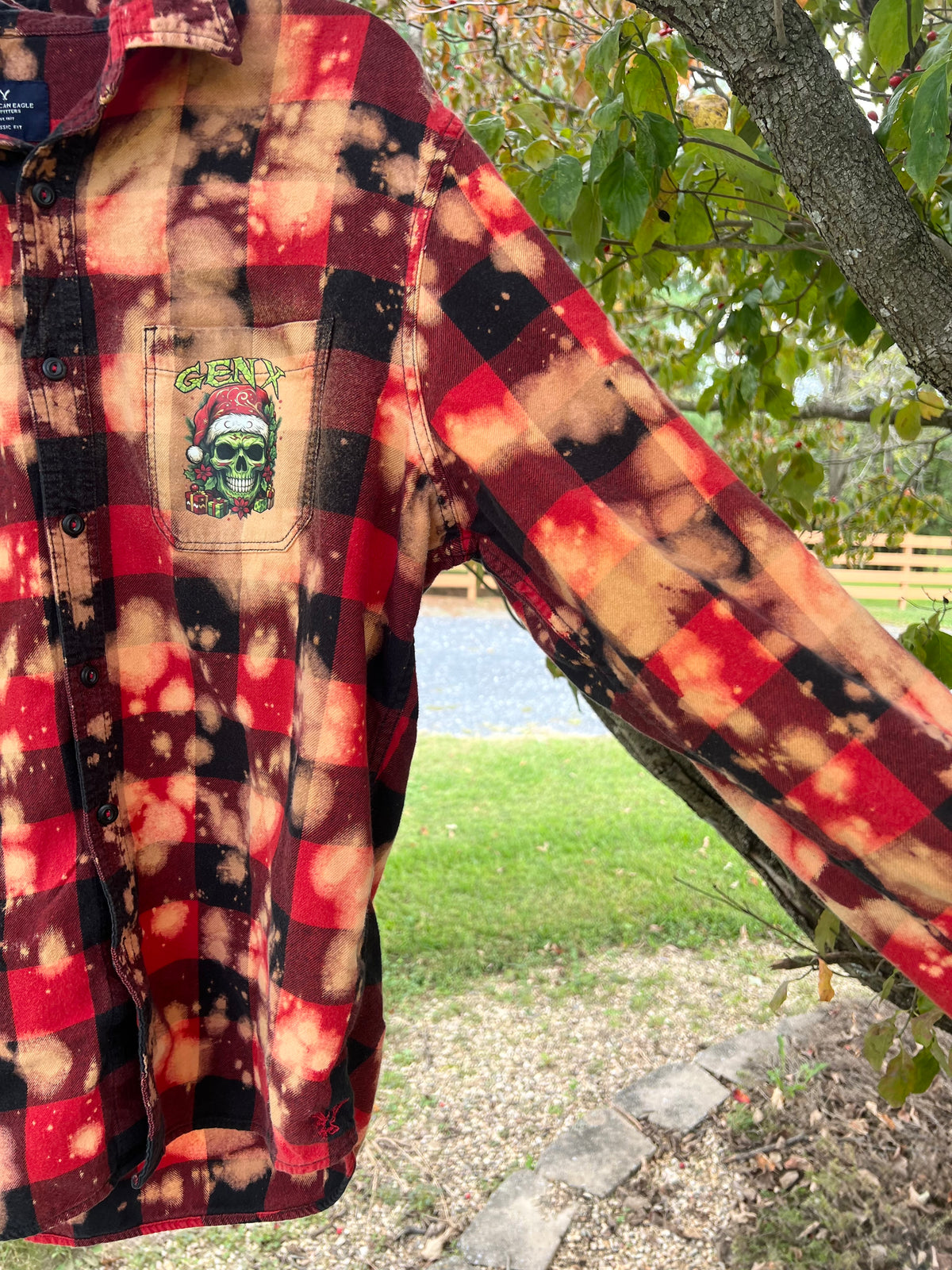 Upcycled Flannel -  Naughty List Santa Skull Bleach Art - Men’s Large