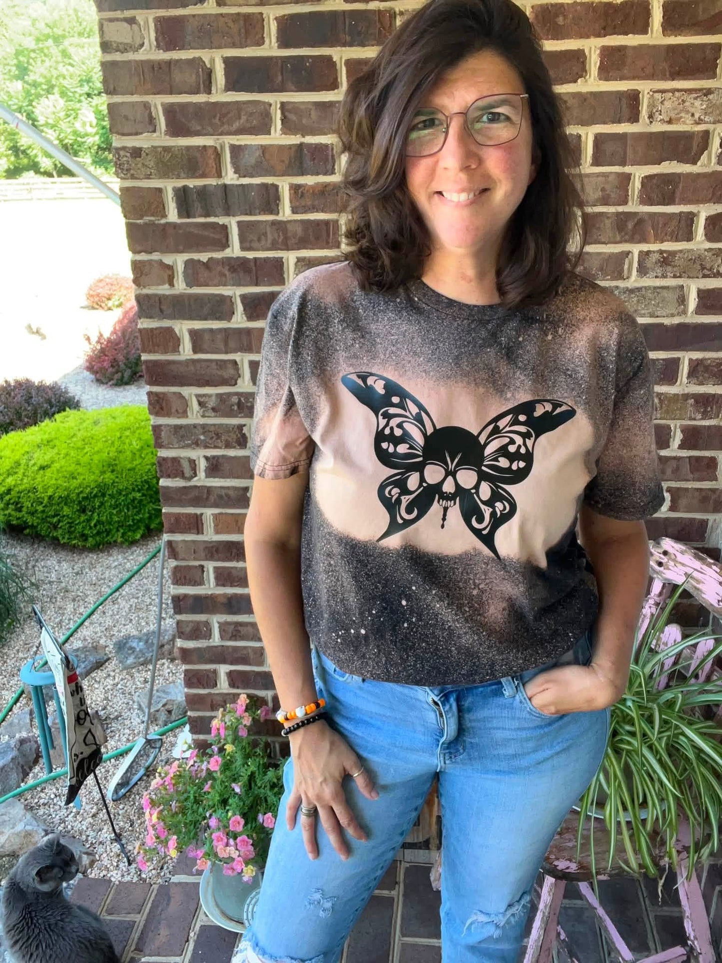 Gothic Spookiness Bleach Dyed Butterfly Skull T-Shirt - Made to Order