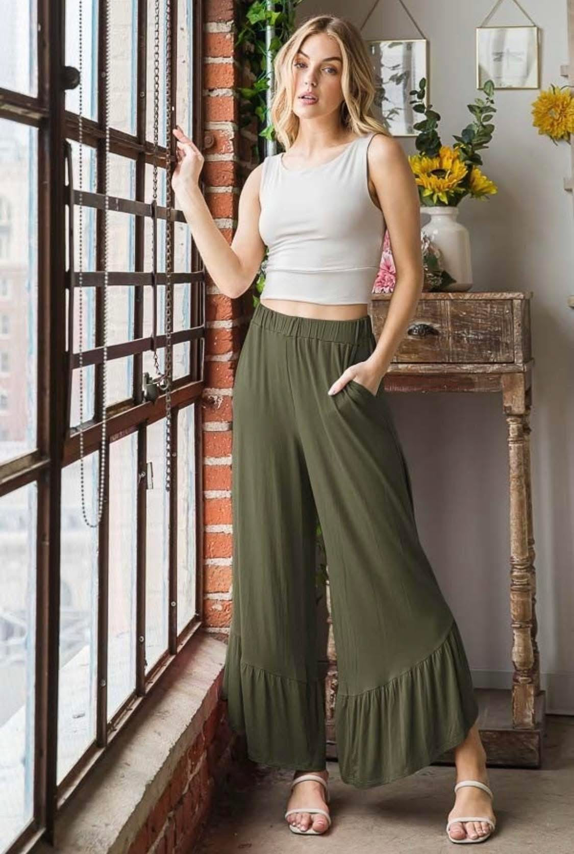 Olive Green Ruffle Pants w/ Pockets