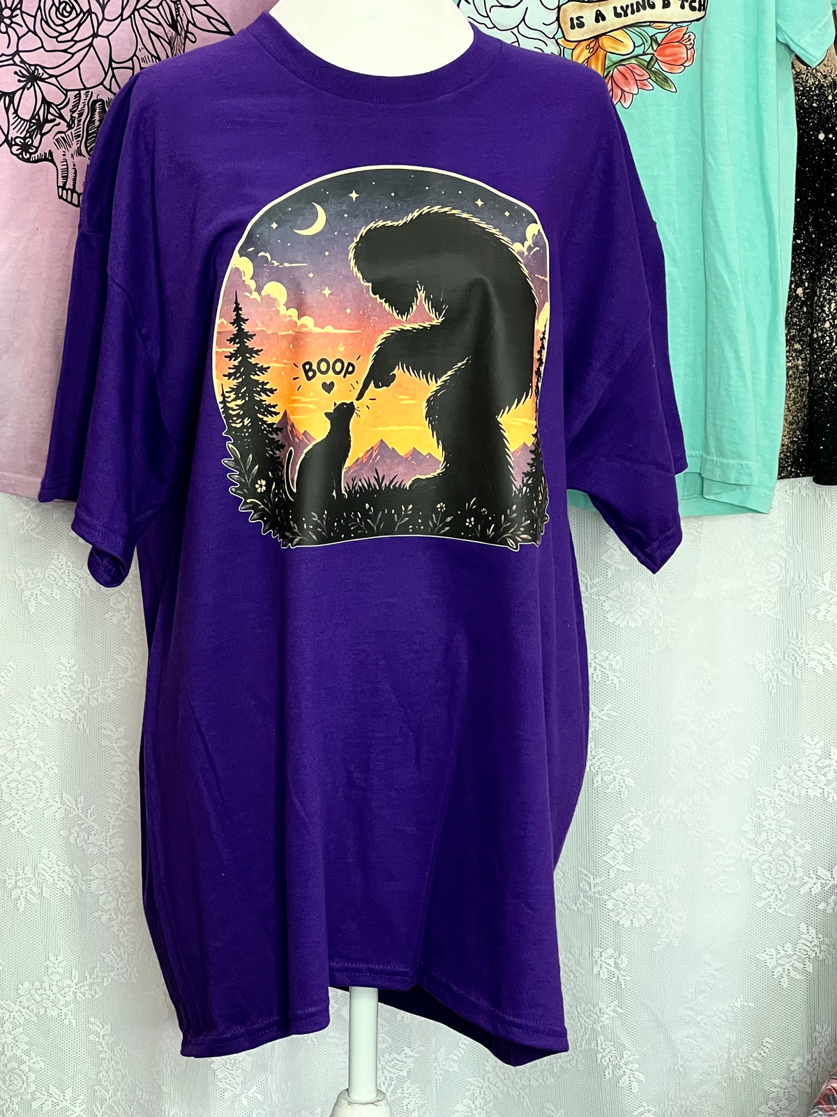 Sasquatch & Kitty Cat Boop Handmade T-Shirt  - XL Dark Purple