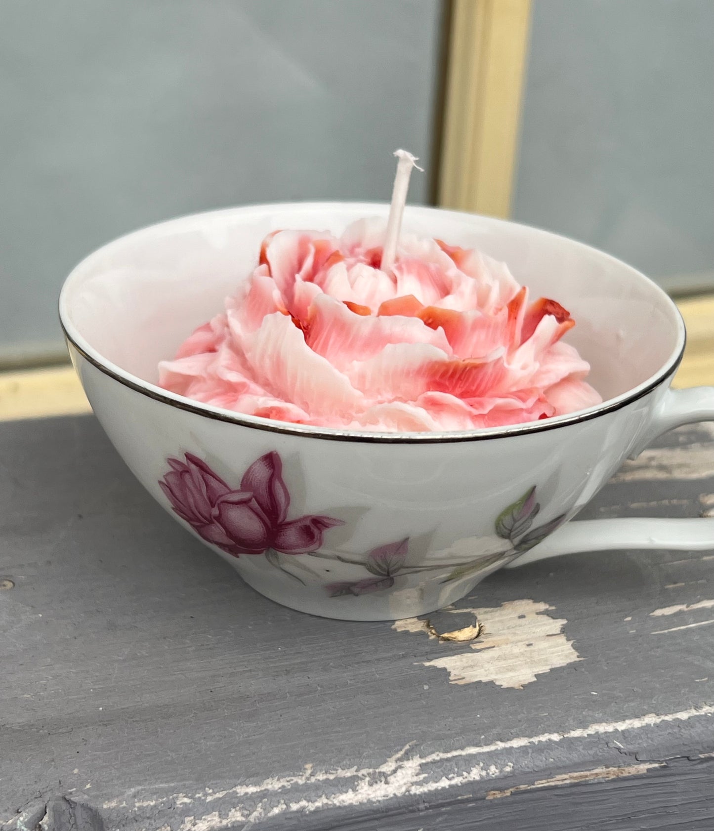 Peppermint Tea Cup Soy Candle w/ 3D Peony Flower