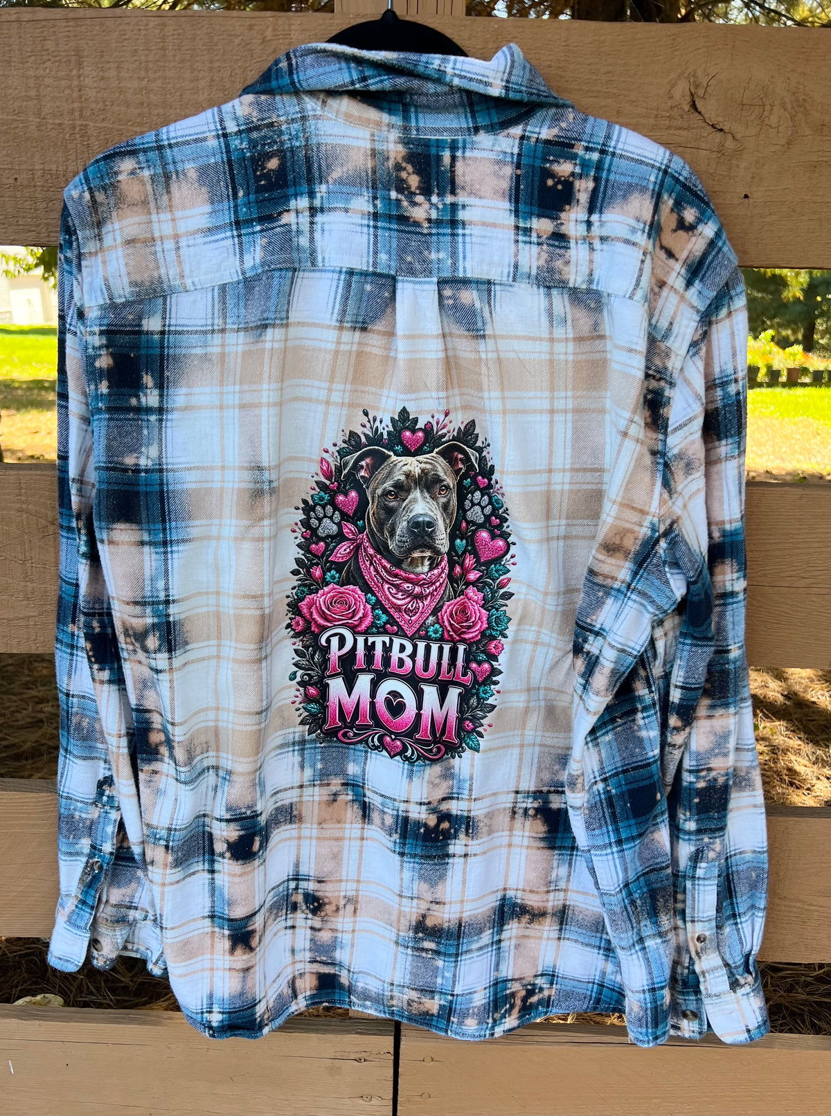 Upcycled Bleach Art Pitbull Mom Flannel - Mens XL Unisex