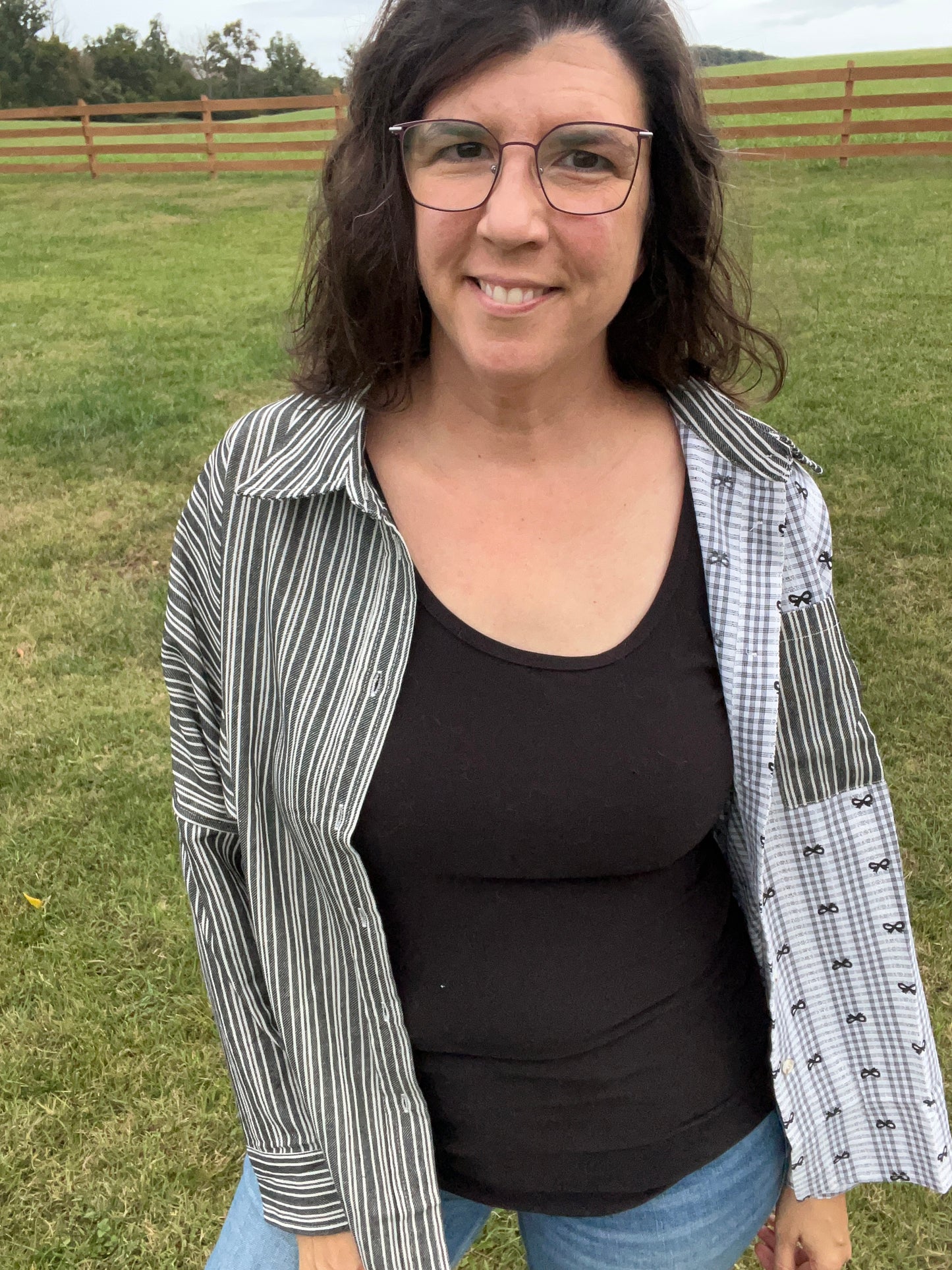 Cotton Blend Button Front Top - Mix of Bows, Lace, & Stripes