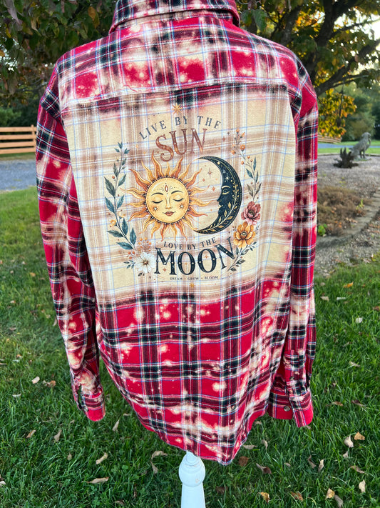 Upcycled Flannel -  Celestial Sun & Moon Bleach Art - Men’s Large
