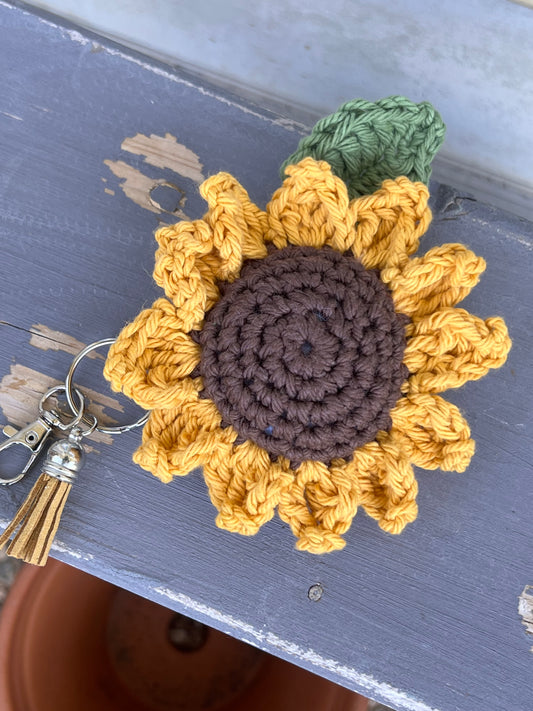 Hand Crochet 100% Cotton Sunflower Keychain