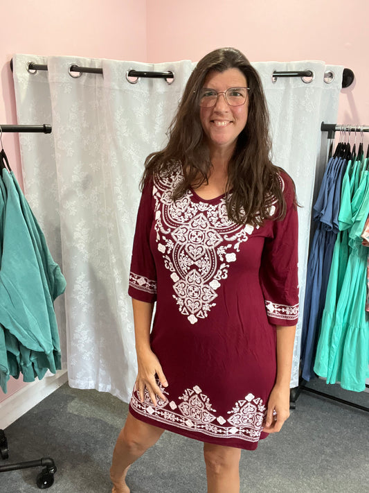 Burgundy Damask 3/4 Sleeve Dress w/ POCKETS In Stock