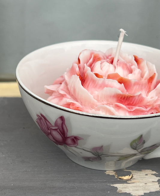 Peppermint Tea Cup Soy Candle w/ 3D Peony Flower