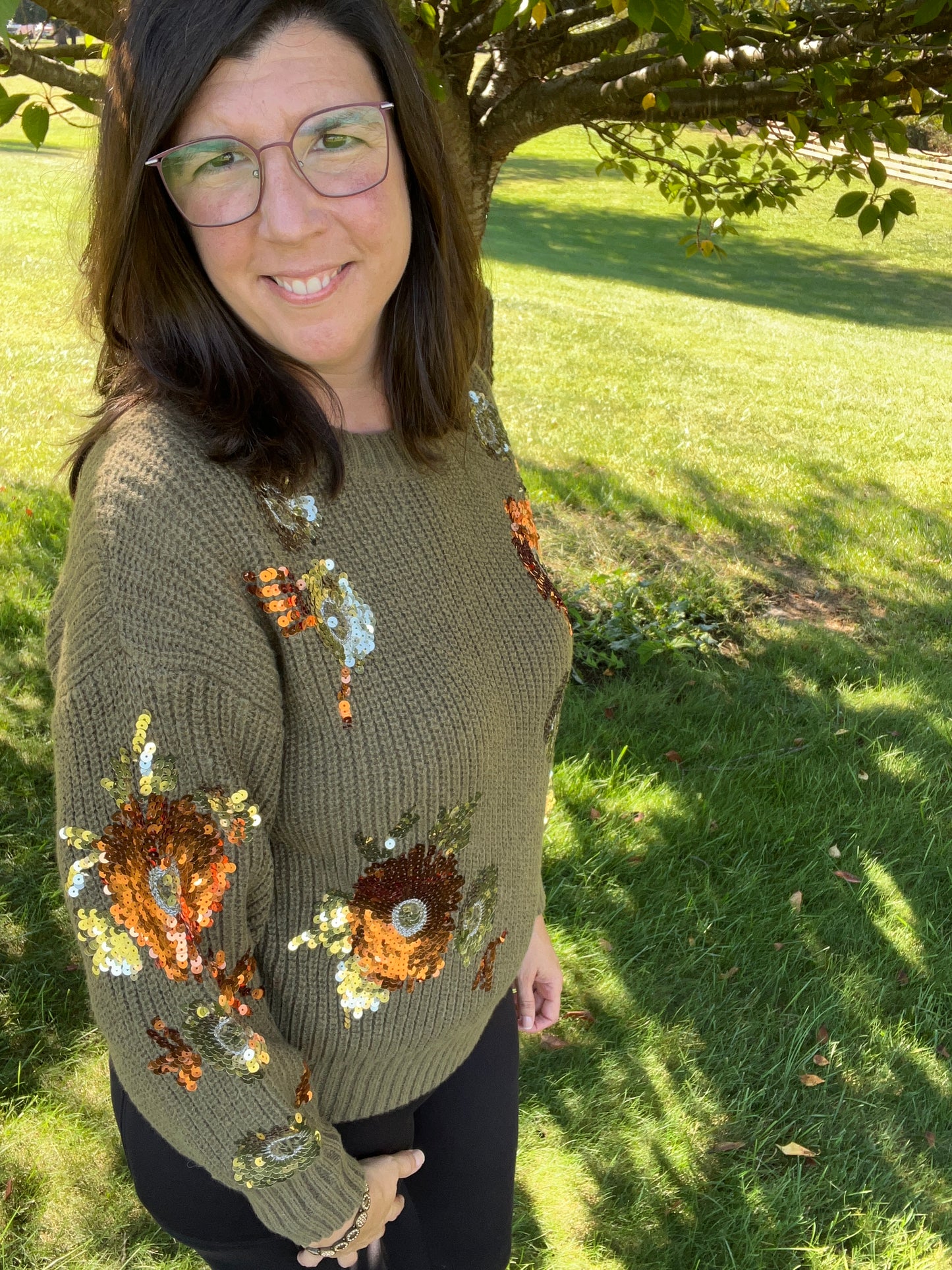 Bibi Floral Sequins Olive Sweater