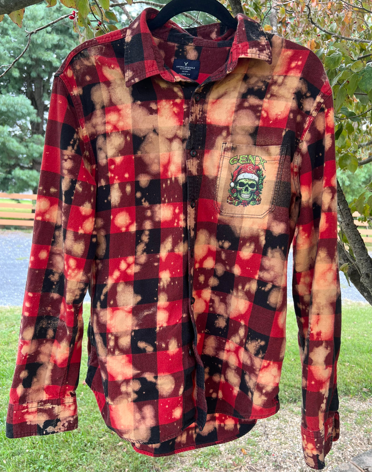 Upcycled Flannel -  Naughty List Santa Skull Bleach Art - Men’s Large