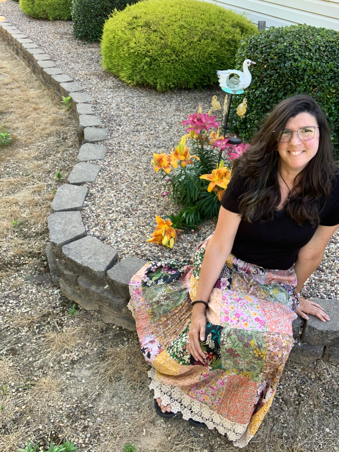 Patchwork Tiered Lace Trimmed Skirt w/ POCKETS