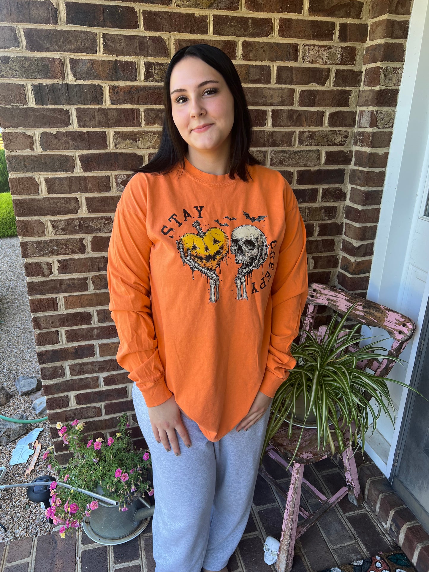 Stay Creepy Jack-O-Lantern & Skull Handmade Long Sleeve T-Shirt