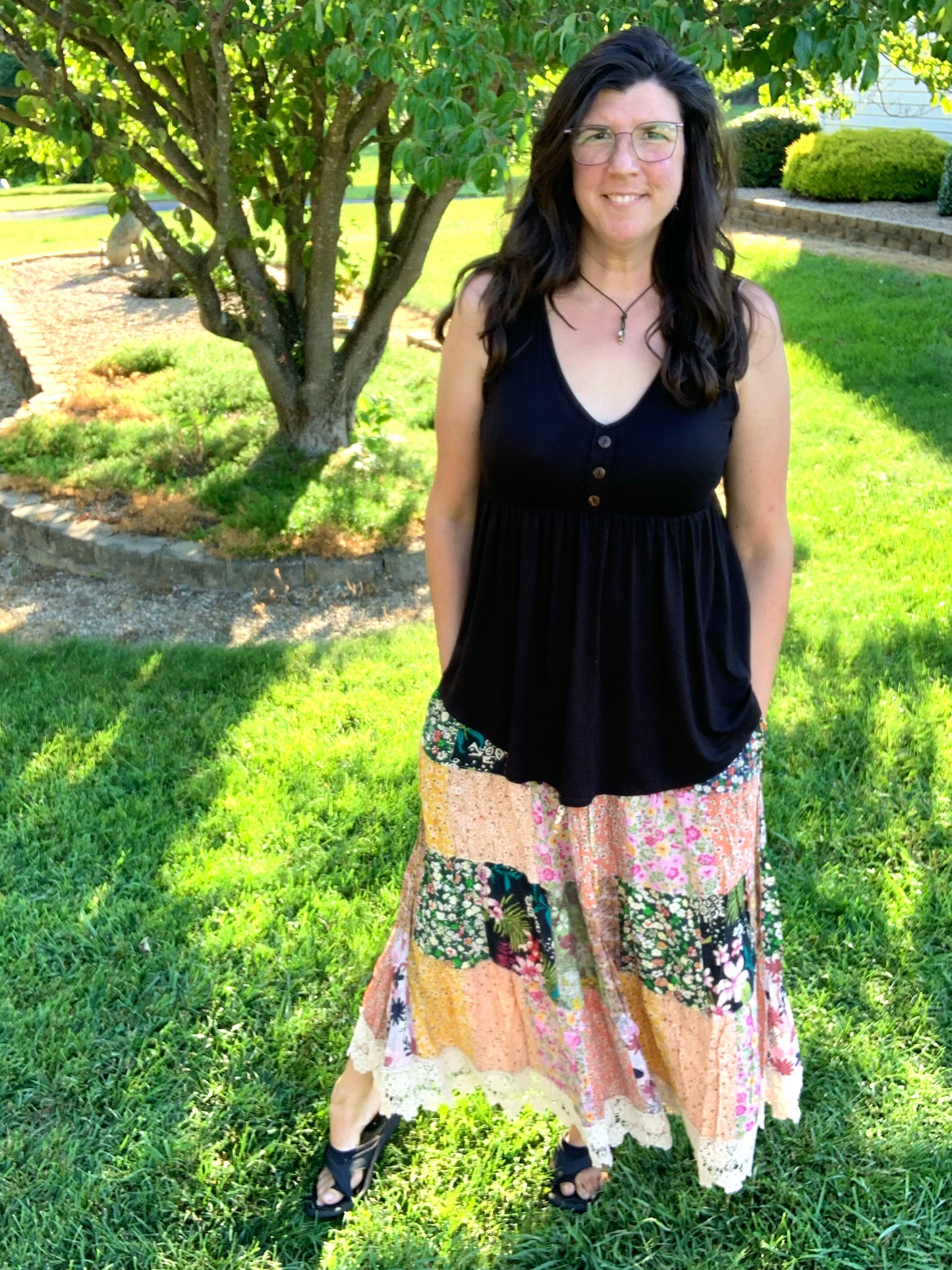 Patchwork Tiered Lace Trimmed Skirt w/ POCKETS