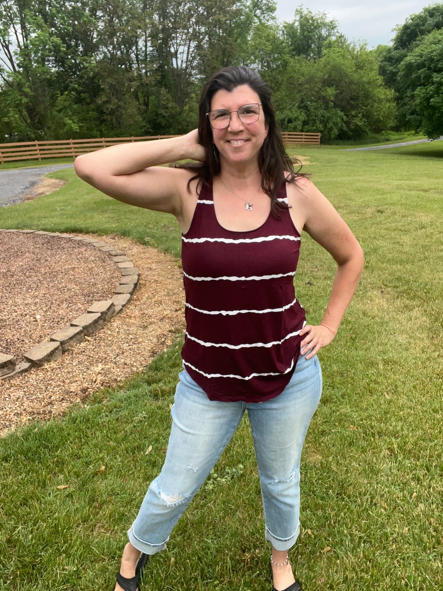 Zenana Burgundy & White Striped Tank Too