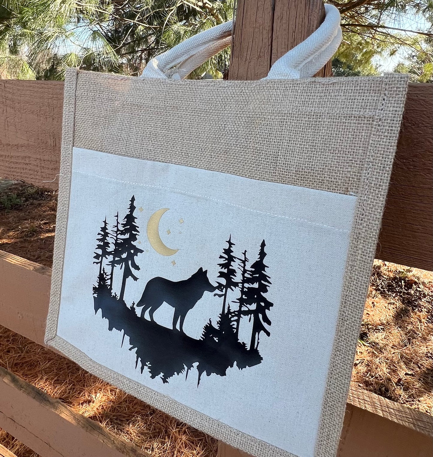 Wolf Lovers Jute & Canvas Tote
