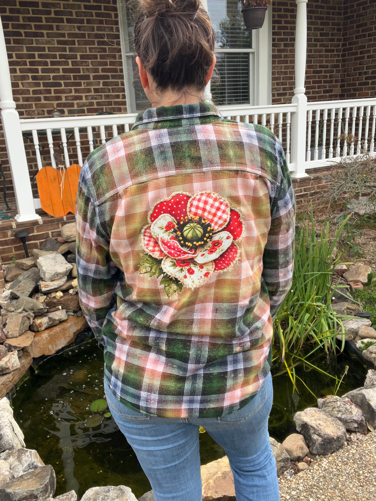 Upcycled Flannel -  Poppy Flower Bleach Art