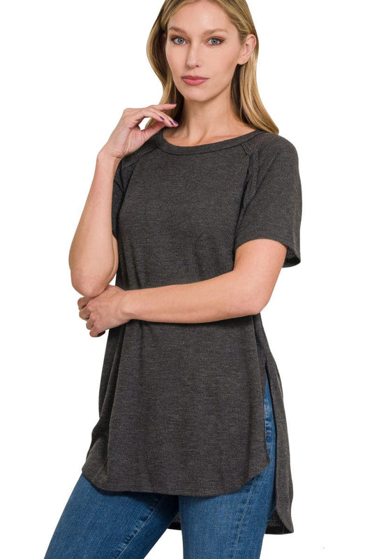 Zenana Melange Waffle Top - Black