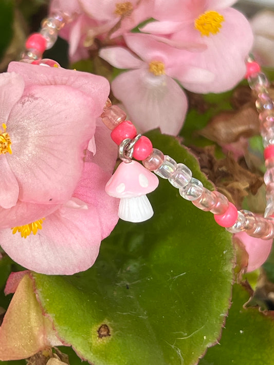 Handmade Pink & White Mushroom Anklet - Medium