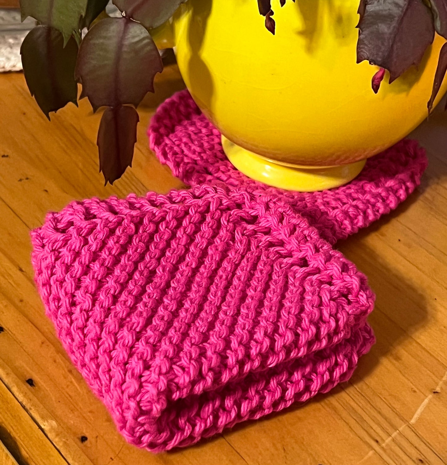 Deep Pink 100% Cotton Hand Knit Dish Cloth