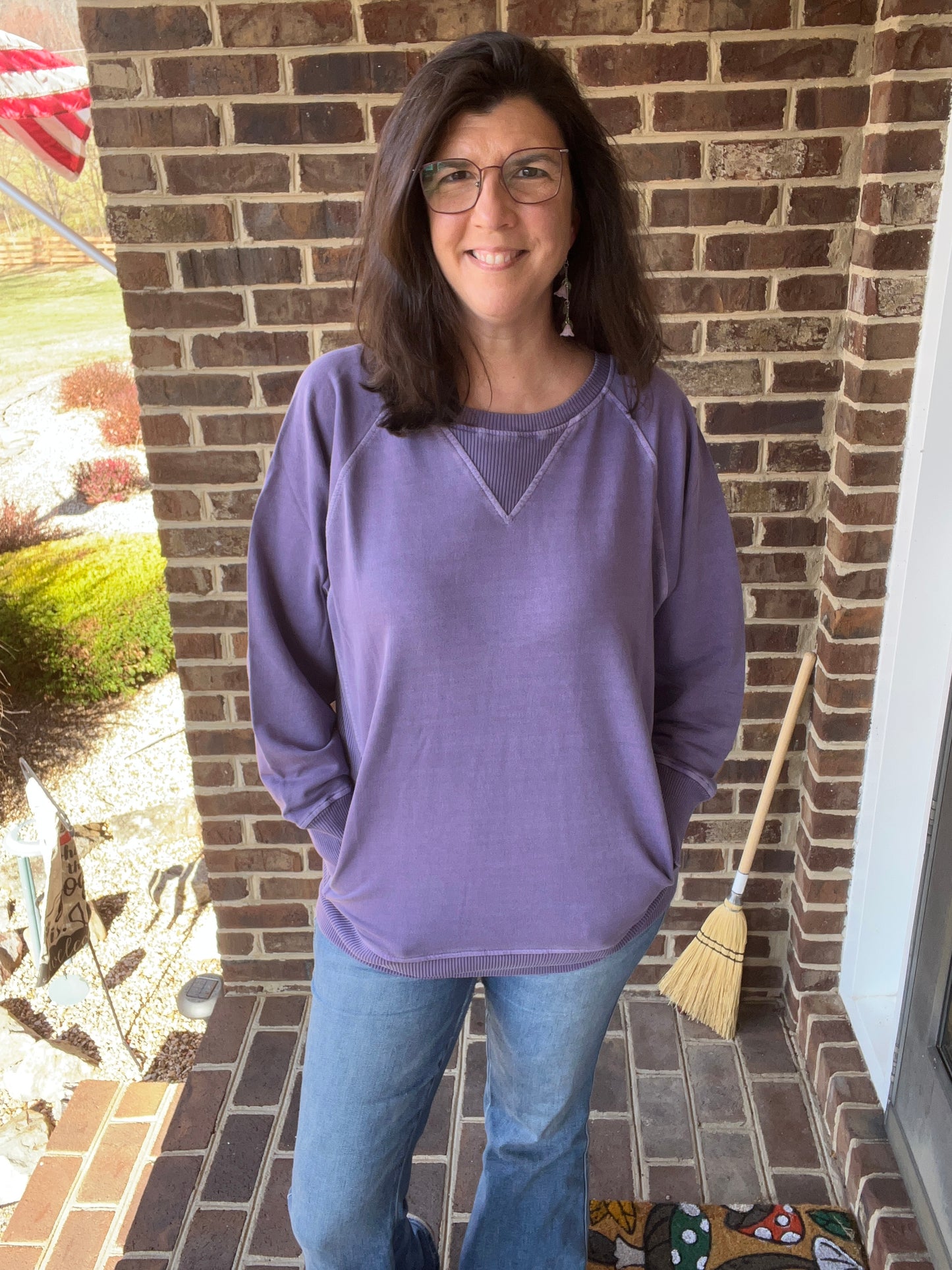 Zenana French Terry Grey Lilac Pigment Dyed Sweatshirt w/ POCKETS