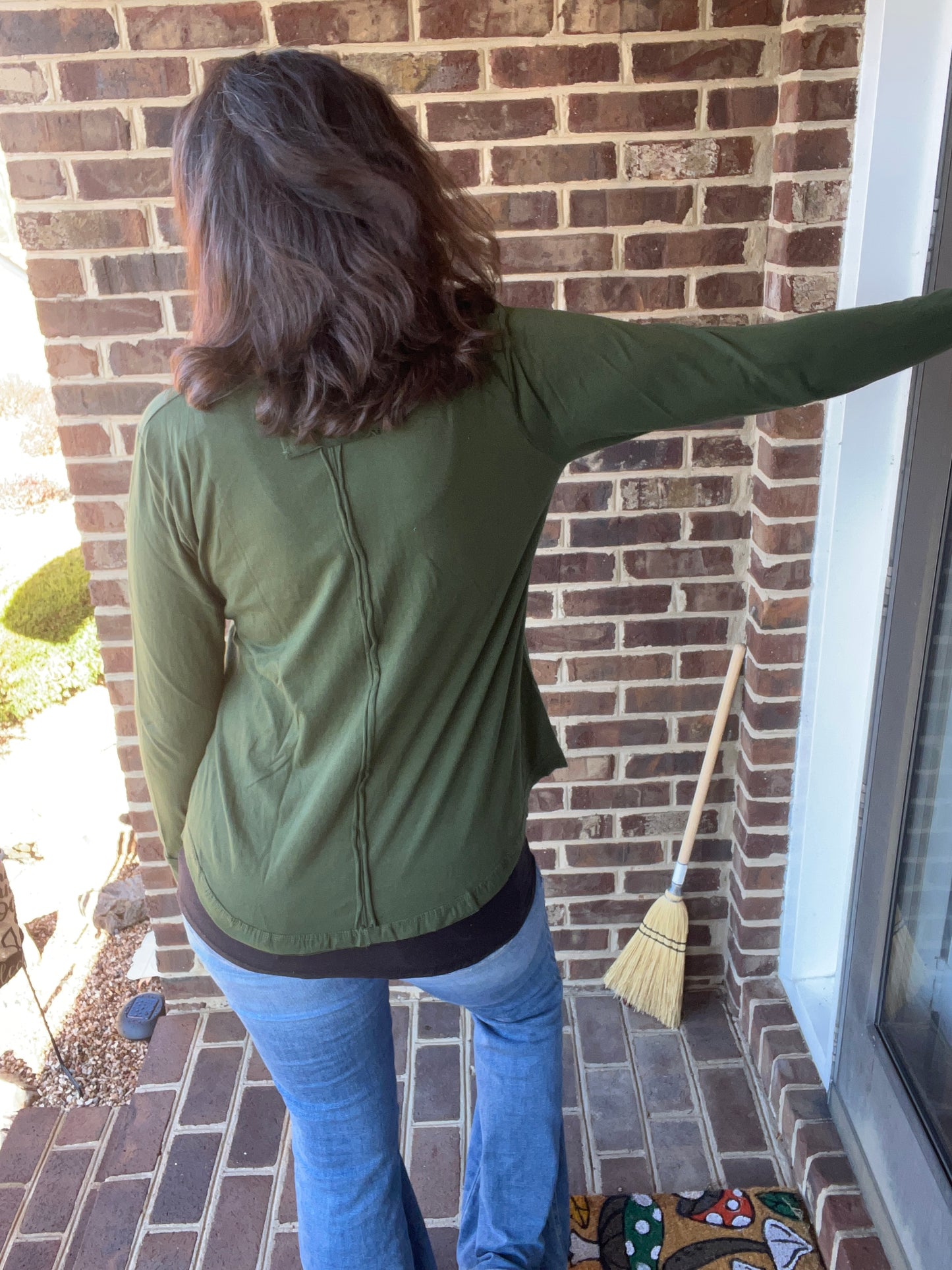 Zenana Cotton Army Green Henley w/ Thumb Holes