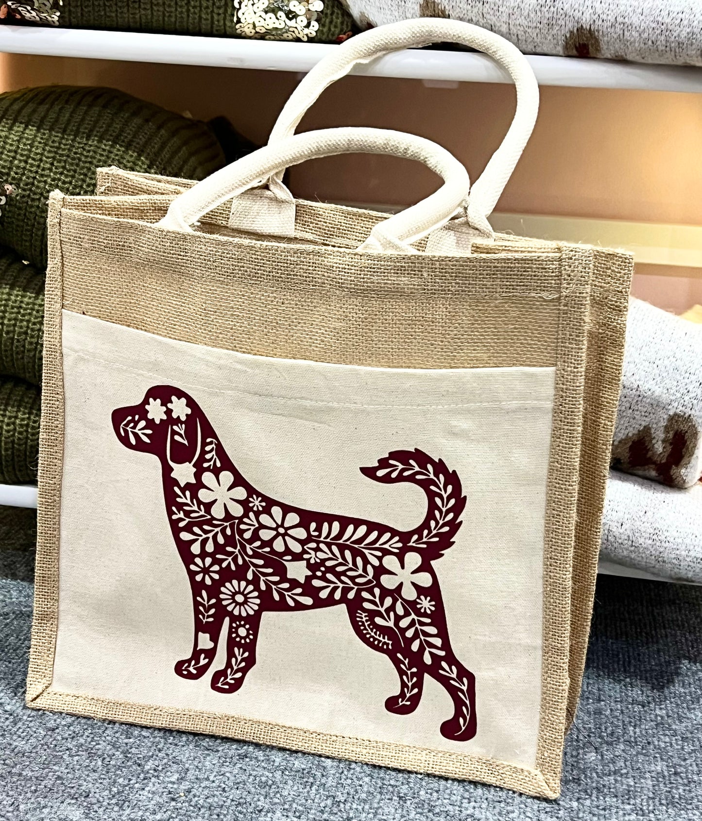 Wine Red Floral Dog Lovers Jute & Canvas Tote