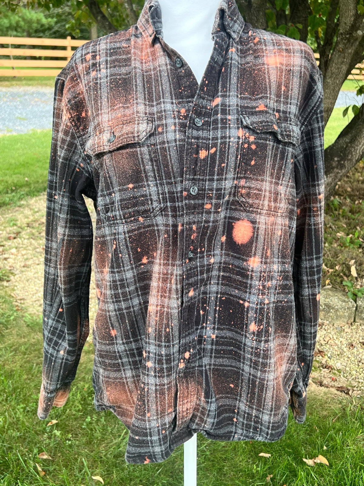 Upcycled Flannel -  Spooky Haunted House Bleach Art