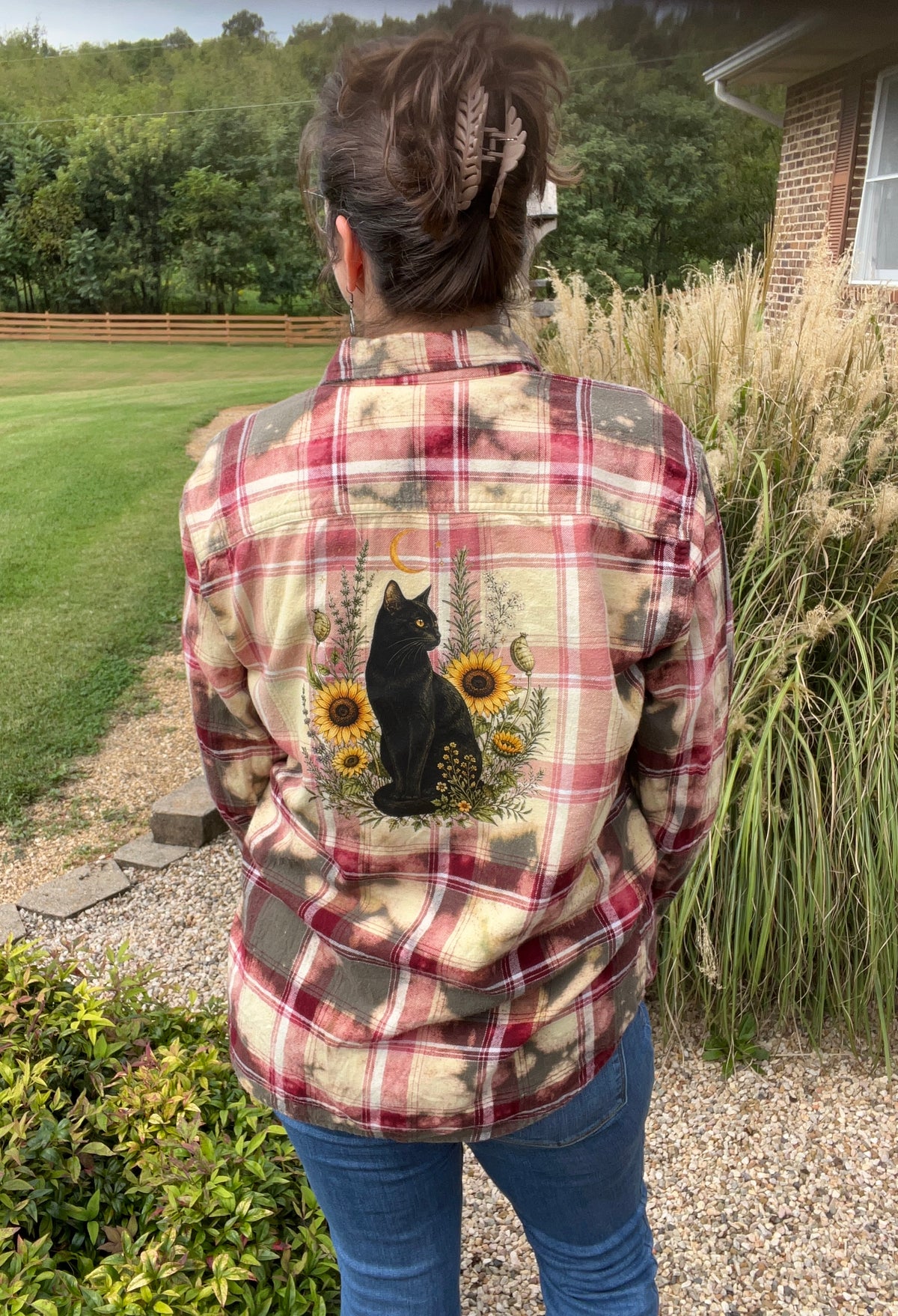 Upcycled Flannel -  Black Cat & Wildflowers Bleach Art