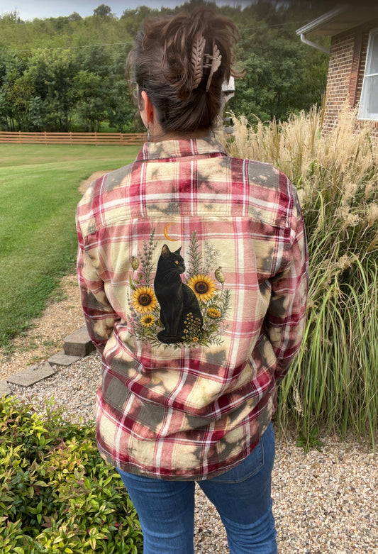Upcycled Flannel -  Black Cat & Wildflowers Bleach Art