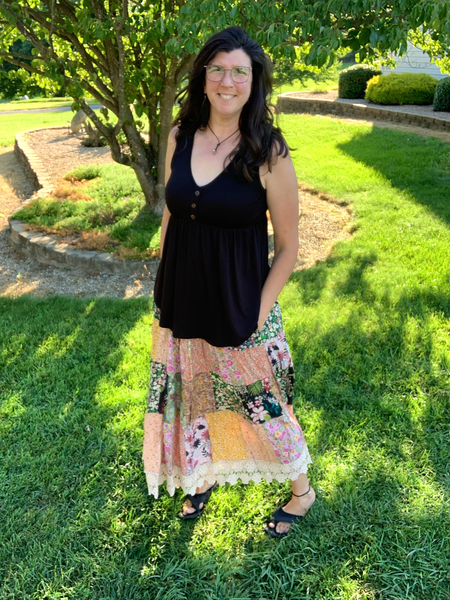 Patchwork Tiered Lace Trimmed Skirt w/ POCKETS