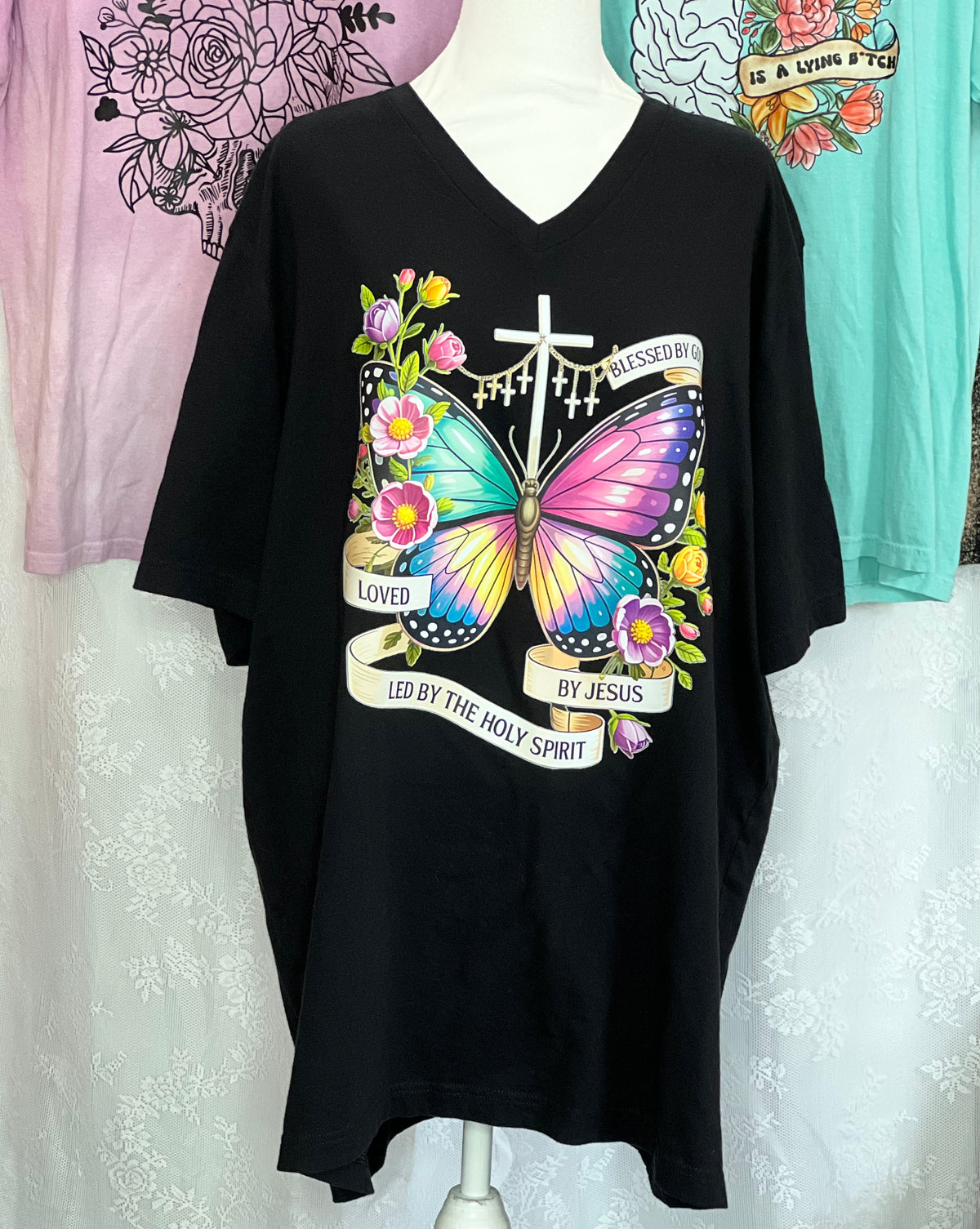 V-Neck Cross & Butterfly T-Shirt 3XL