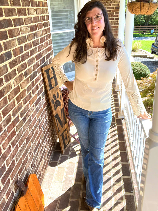 Lace Sleeve Button Front Top